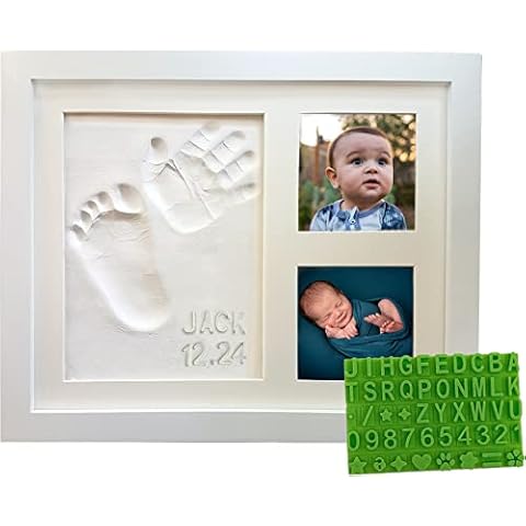 Baby Handprint & Footprint Keepsake Photo Frame Kit - Personalize it w/ Bonus Stencil! Non-Toxic Clay, Wall/Table Wood Picture Frame. Perfect Registry, Baby Shower, New Mom, Birthday & Newborn Gift! Cover