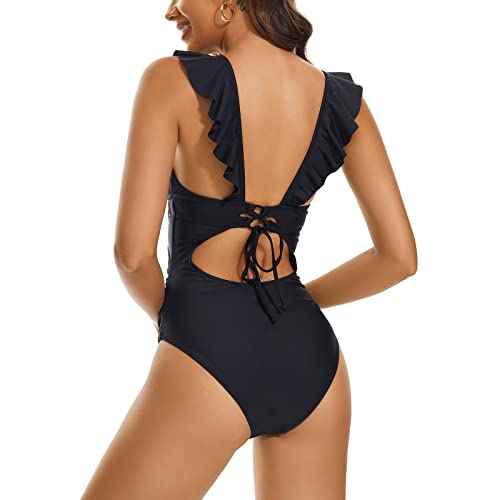 Annbon Slimming Artifact V Neck Sexy One Piece Bathing Suit for Women Tummy Control Ruffled Lace Up Fashion Design Halter2