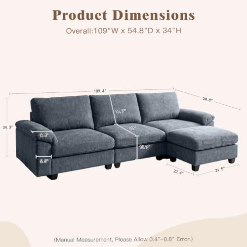 Image of Sectional Couches for Living Room, 109 inch L Shaped Cloud Sofa & Couch | Upholstered Armres, 22 inch Seat Depth, Movable Ottoman, Comfy Chenille, Easy Assembly, Blue