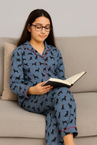 Image of Girls Premium Cotton Full Sleeves Printed Nightsuit Set | Collar Style Night Dress for Girls | Soft & Breathable Pajama Set | Trendy Kids Sleepwear & Nightwear