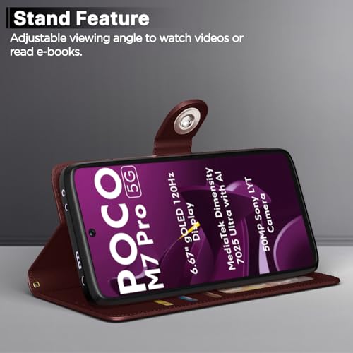 Image of Pikkme Flip Cover Leather Finish | Inside TPU with Card Pockets | Wallet Stand and Shock Proof | Complete Protection Button Flip Case for Poco M7 Pro 5G(Brown)