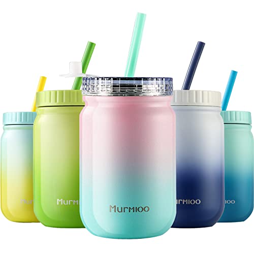 Murmioo Gobelet à paille en acier inoxydable, bouteille de smoothie, tasse à café glacée, tasse de voyage et capuchon d'étanchéité en spirale, récipient à vide à double paroi, 400 ml
