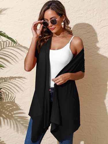Image of Women's Lightweight Open Front Cardigans Short Sleeve Casual Soft Sheer Cardigan S-2XL with Pockets