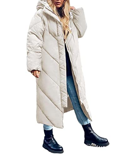 Flygo Womens Long Puffer Coat Long Sleeve Padded Winter Down Coats Hooded Parka Jacket(Beige-S)