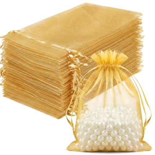 Image of FUNFERY 100PCS Gold Organza Gift Bags 4x6in,Drawstring Pouch for Jewelry