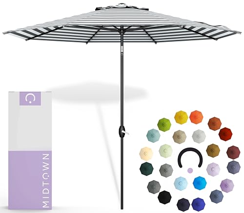 Midtown Umbrellas The Lean 10 Feet Outdoor Umbrella With Terylast Matter Stripes (Grey/White Stripes) Polyester Fabric - Auto-Tilt Aluminum Frame Patio Umbrella For Deck, Garden, Pool - Black Pole