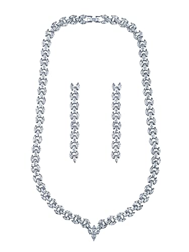 Image of Yellow Chimes Jewellery Set for Women Rhodium Plated Cubic Zircon Silver Necklace with Earring Set Floral Design Classic CZ Stoned Jewellery Set for Women and Girls