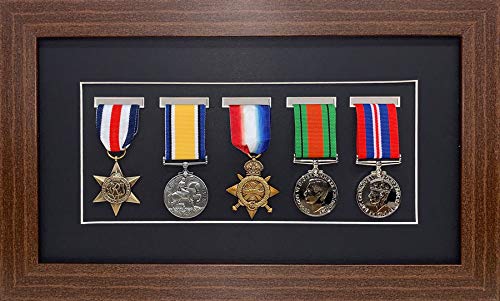 Kwik Picture Framing Ltd Black Shadow Box Frame For Medal Display | Deep 3D Box For Military, Sports And War Awards | Perspex Front And Mdf Backing | Mount - Mahogany Frame | Fits Five Medal