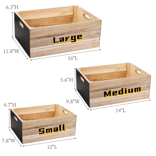 Lyellfe Set of 3 Wood Crates, Rustic Nesting Wooden Crates Unfinished for Display, Milk Organizer Storage Box with Chalkboard Handle, Natural Solid Wood - Thumbnail 3