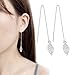 Boho Minimalist Long Thin Linear 925 Sterling Silver Leaves Dangle Earrings Chain for Women Elegant Threader Earrings