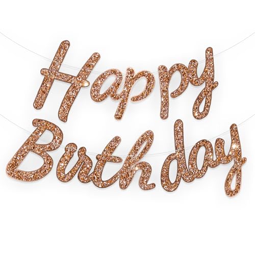 Image of Rozi Decoration Rose Gold Glitter Happy Birthday Banner -Cursive Letter Garland for Party Decoration, Reusable Shiny Cardstock Hanging Banner for Girls, Women, Adults, Kids (Pack of 1 Set)