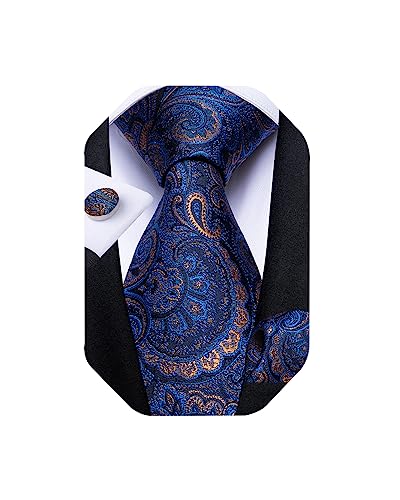 Image of DiBanGu Extra Long Tie for Men 63 inch XL Silk Necktie Set | Pocket Square and Cufflinks, Big and Tall, Jacquard Woven, Gift Box, Paisley /Plaid /Solid /Striped, for Weddinng Party Business