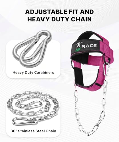 Image of RACE Neck and Head Strengthening Equipment Weight Harness Thick Padded Adjustable Strap with Heavy Duty Steel Chain & Rings for Gym Crossfit Fitness Training Injury Rehab (Pink)