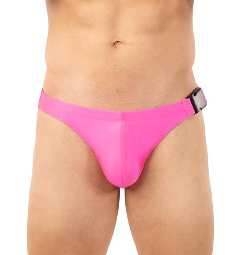 Gary Majdell Sport Men’s Bikini Swimsuit with Side Buckle - Available in Shiny Tricot, Liquid Metallic, and Nylon Spandex Prints (Neon Pink, L)2