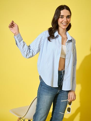 Image of DIMPY GARMENTS Women's Cotton Striped Oversized Long Sleeve Button-Down Shirt