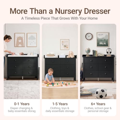 MAMAZING Keeva 6-Drawer Dresser with Changing Pad, Safety Anti-Tip Structure & Adjustable Feet, Wood Dressers with Wipeable Surface, Black Dresser for Bedroom, Kids & Nursery Storage Chest - Image 9