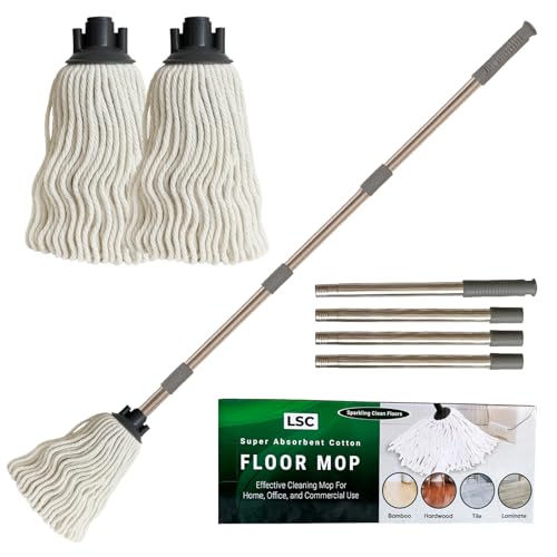 LSC Cotton Floor Mops Looped String Mop with 120cm Long Stainless Steel Handle Extra Replacement Mop Head Scratch-Free Absorbent Classic for Tile Wood Floor Kitchen Bathroom