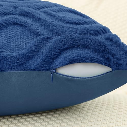 decorUhome Fall Throw Pillow Covers 16x16 Inch Set of 2, Soft Plush Decorative Faux Fur Dark Blue Solid Couch Pillow Covers, Accent Farmhouse Neutral Square Euro Pillow Cases for Sofa Bed Living Room