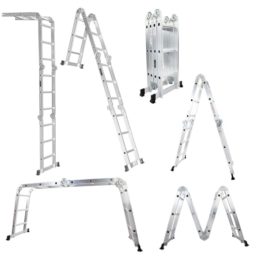 12.5 FT Folding Ladder, LUISLADDERS Multi-Purpose Ladder, Aluminium Extension Ladders 7 in 1 Heavy Duty Combination EN 131 Standard
