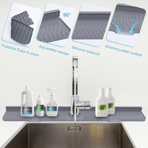 Image of Derlights 33 inch Sink Splash Guard Mat, Silicone Faucet Handle Drip Catcher Tray, Longer Silicone Sink Mat for KitchenBathroom, Drip Protector Splash Countertop (Gray)