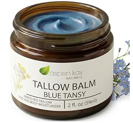 Handmade Grass Fed Beef Tallow Balm for Face and Body, Blue Tansy Oil + Organic Jojoba, Chamomile and Helichrysum, Natural Skin Moisturizer for Dry Sensitive Skin, 2 fl oz, Made in USA