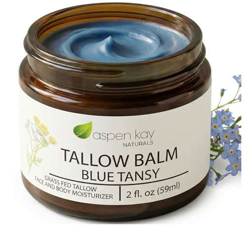 Handmade Grass Fed Beef Tallow Balm for Face and Body Blue Tansy Oil + Organic Jojoba Chamomile and Helichrysum Natural Skin Moisturizer for Dry Sensitive Skin 2 fl oz Made in USA