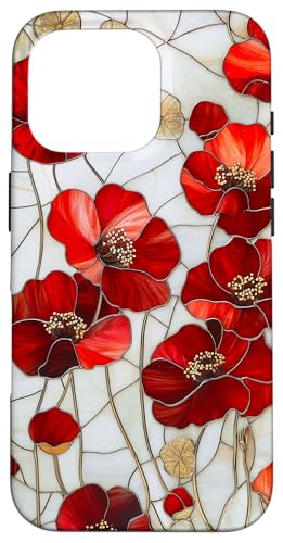 Poppy Flower Stained Art Deco Wildflower Floral Red Poppies Case for iPhone 16 Pro
