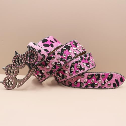 Women Leopard Print Pattern Western Belt Strap for Women Men,Shining Cat's Claw Hollow Rhinestones Studded Buckle(125cm/49, Pink)3