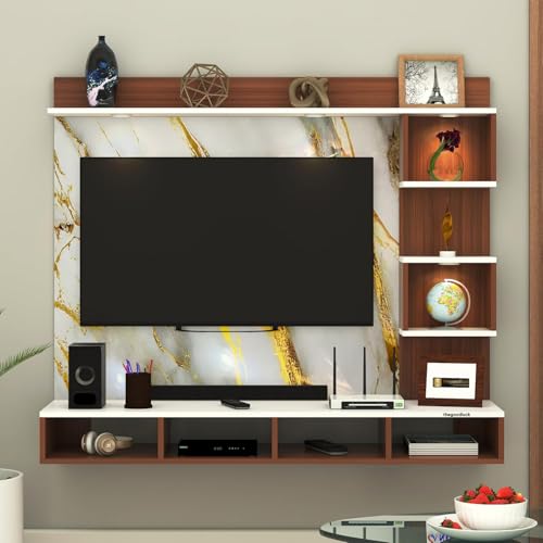 Image of TV Cabinet for Bedroom 32 inch to 65 Inches Engineered Wood TV Entertainment Unit Back Side 3mm UPVC Self Adhsive Waterproof Sheet and Lights (White - Gold, 24-40 Inches, with Fitting)