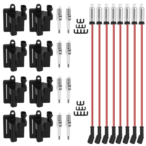 8P Square Ignition Coils Kit With 41-962 Platinum Spark Plug 748UU 8mm Spark Plug Wires Compatible With Chevy Silverado Cadillac Suburba Tahoe GMC 4.8 5.3 6.0L Replace D581 UF271 12558693 12556893