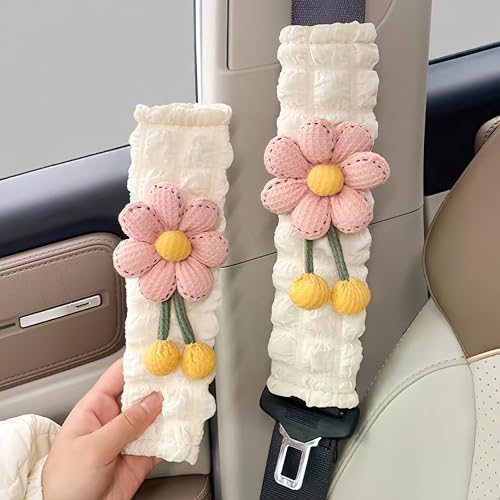 Image of Zigihos Cute Flower Seat Belt Cover Pads, 2 Pcs & 4 Pcs Seatbelt Covers for Women Adults, Car Seat Strap Pads, Seatbelt Cushion (Pink,2)