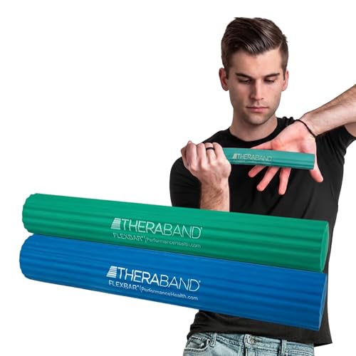 Theraband FlexBar 15302   Barra terapéutica para codo de tenista y tendinitis, medio pesado, verde/azul, paquete de 2