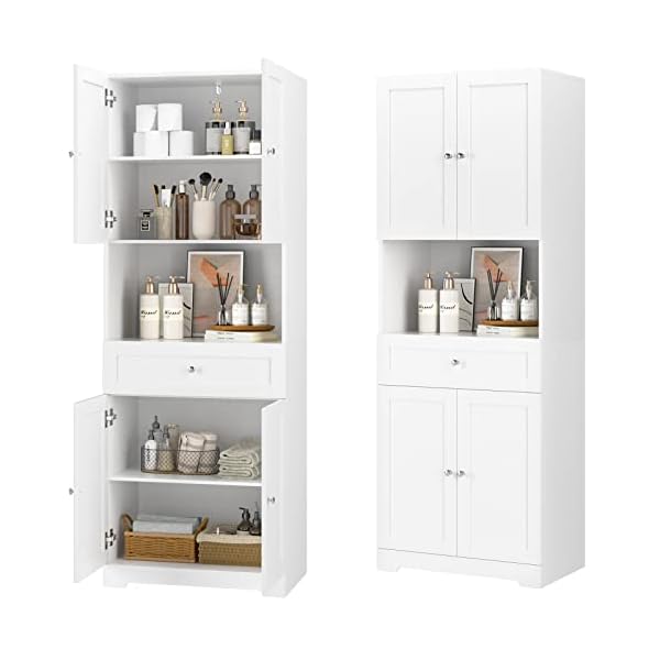 HIFIT Tall Bathroom Storage Cabinets, Modern Linen Storage Cabinet with 4 Doors & Shelves & Drawer, 67″ H Tall Storage Cabinet Freestanding for Bathroom, Living Room, Bedroom, Kitchen, Pantry, White