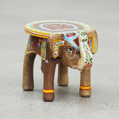 Image of Hand-Crafted and Colorful Emboss Painted Wooden Elephant Shape Stool Cum Gardan Table,Decorative Showpiece (8 Inches Height, Natural)