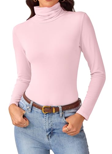 Turtleneck Tops for Women - Soft Long Sleeve Shirts Slim Fit Basic Turtle Neck Tee for Fall Winter Office & Everyday Wear Light Pink Small