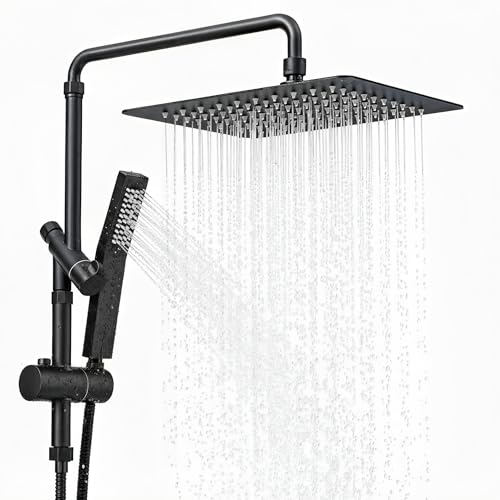 Shineforu 10 Inch Metal Rain Shower Heads with Handheld Spray Combo, Dual Shower Head with Adjustable Slide Bar and Stainless Steel Hose, Height Adjustable, Matte Black - image 1