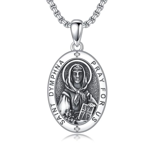 WINNICACA Saint Dymphna Necklace 925 Sterling Silver St Dymphna Necklace Pray for Us Christian Pendant Amulet Jewelry Birthday Fathers Mothers Day Gifts for Men Dad Son