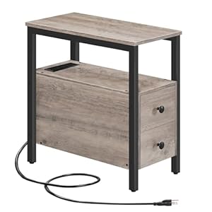 HOOBRO End Table with Charging Station, Narrow Side Table with 2 Drawers & USB Ports & Power Outlets, Nightstand for Small Spaces, Bedroom, Living Room, Stable and Sturdy, Greige and Black BG541BZ01