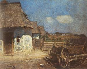 Peinture à l'huile Peasant Yard with Cart 1912 tableau Simon Hollosy