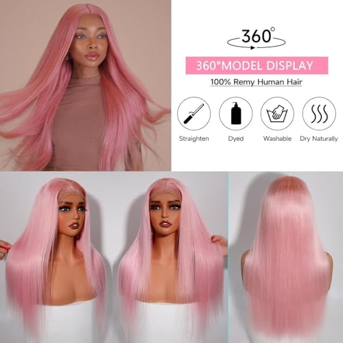 Image of Pink Human Hair Wig Straight Wig 24 Inch Human Hair Wig 200% Density | 13x4 UHD Lace Front Human Hair Wigs Pre Plucked Pre Cut Light Pink Wig 100% Virgin Human Hair Glueless Straight Wig For Women