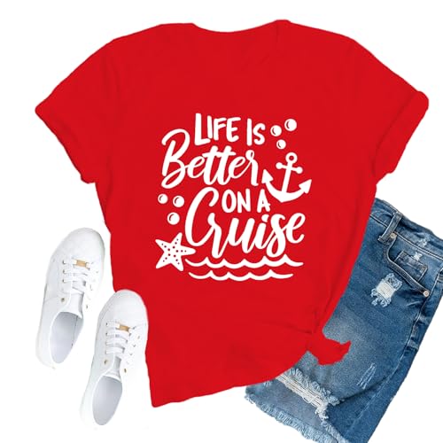 TUPOSU Cruise Shirts for Women Trip T-Shirts Summer Vacation Squad Tee Tops Red