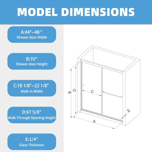 Sliding Shower Door,Royal Guard 44-48\" W x 70\" H Semi-Frameless Double Sliding Glass Shower Door with 1/4\'\' (6mm) Clear SGCC Tempered Glass,Bypass Shower Enclosure,Matte Black