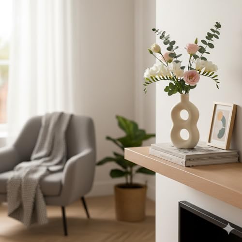 Image of Modern Ceramic Ring Vase with Pink Floral Stems, White, Decorative Flower Holder for Home (7.5 x 9)