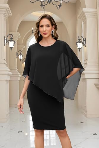 oten Women's Chiffon Wedding Guest Dress Crew Neck Cape Sleeveless Cocktail Birthday Party Midi Dresses4