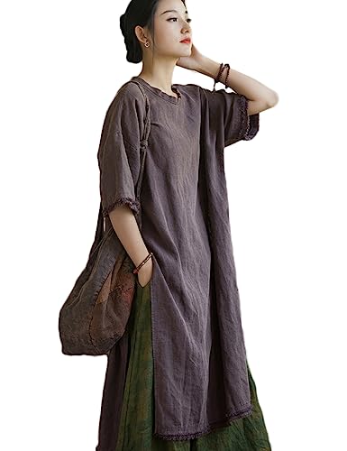 NFYM Women's Linen Midi Dress Short Sleeve Side Slit Distressed Frayed High Low Tunic Dresses