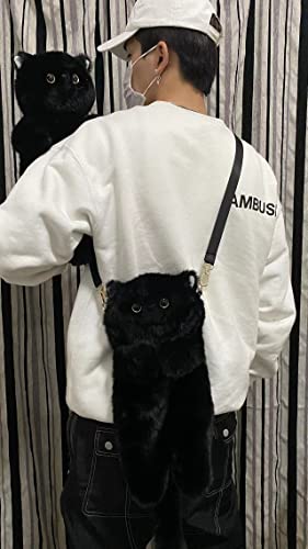 HUIJUFU Realistische geschwollene Plüsch-Umhängetasche in Katzenform, für Damen, Schwarz