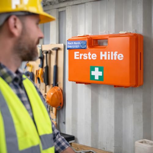 Maleta de primeros auxilios – DIN 13157:2021 según la norma actual – Incluye soporte de pared, pegatinas – Botiquín de primeros auxilios probado - imagen 3