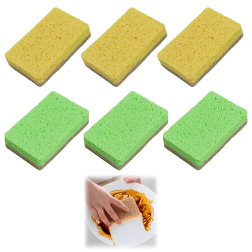 KUEEA Spugne da Cucina Lavabili 6 Pezzi – Spugne Ecologiche Biodegradabili Doppia Superficie per Pulizia Intensa e Delicata, Resistenti e Assorbenti per Piatti e Superfici