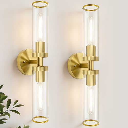 Image of Gold Wall Sconces, Bathroom Sconces Vanity Light Fixtures with Clear Glass, Set of 2, Brushed Gold Sconces Wall Decor, for Living Room /Bathroom Corridor Mirror /Bedroom Hallway Stairwell