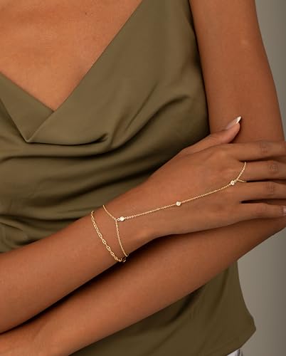 CHESKY 14K Gold Plated 2Pcs Hand Chain Bracelet for Women,Dainty Ring Bracelets Non Tarnish Simple Cuff Evil Eye CZ Bracelets Adjustable Nail Bracelet Jewelry2